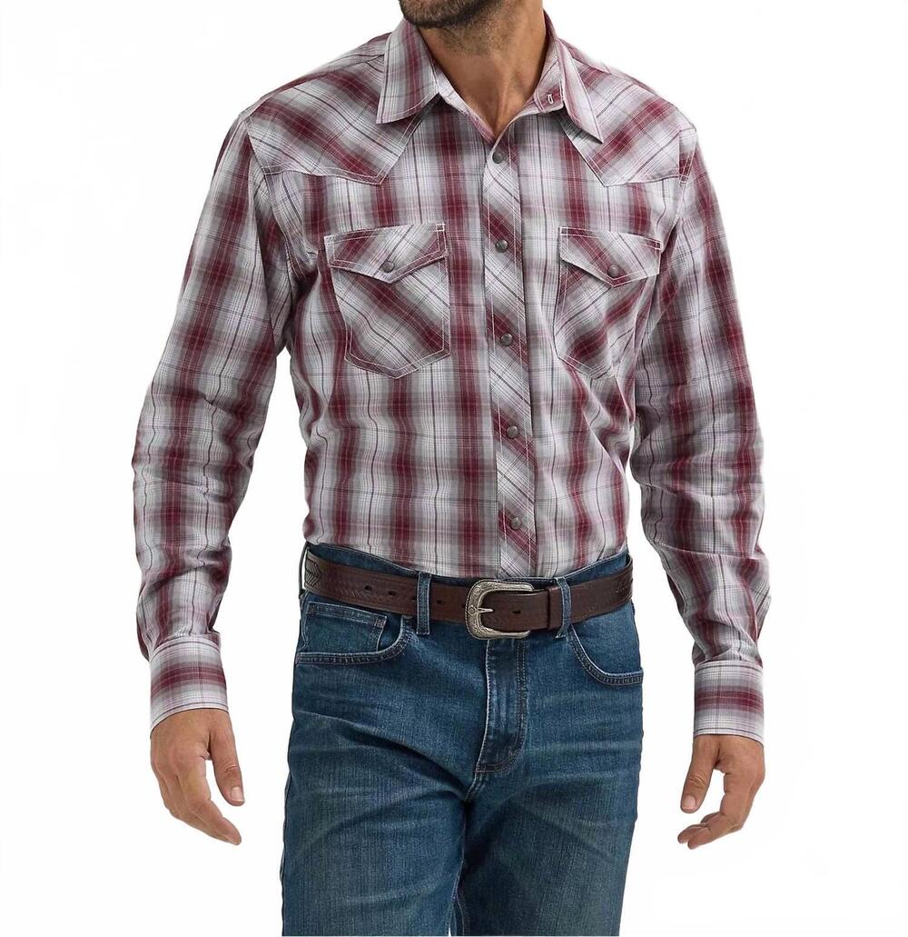 NEW WRANGLER competition western snap shirt in variegated gray wine plaid